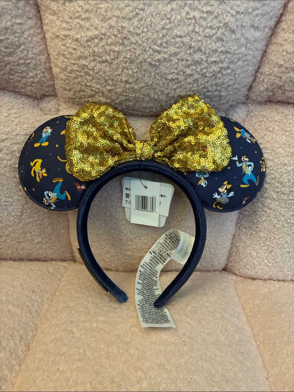 Disney Navy Mickey Character Ears Headband with Gold Sequin Bow